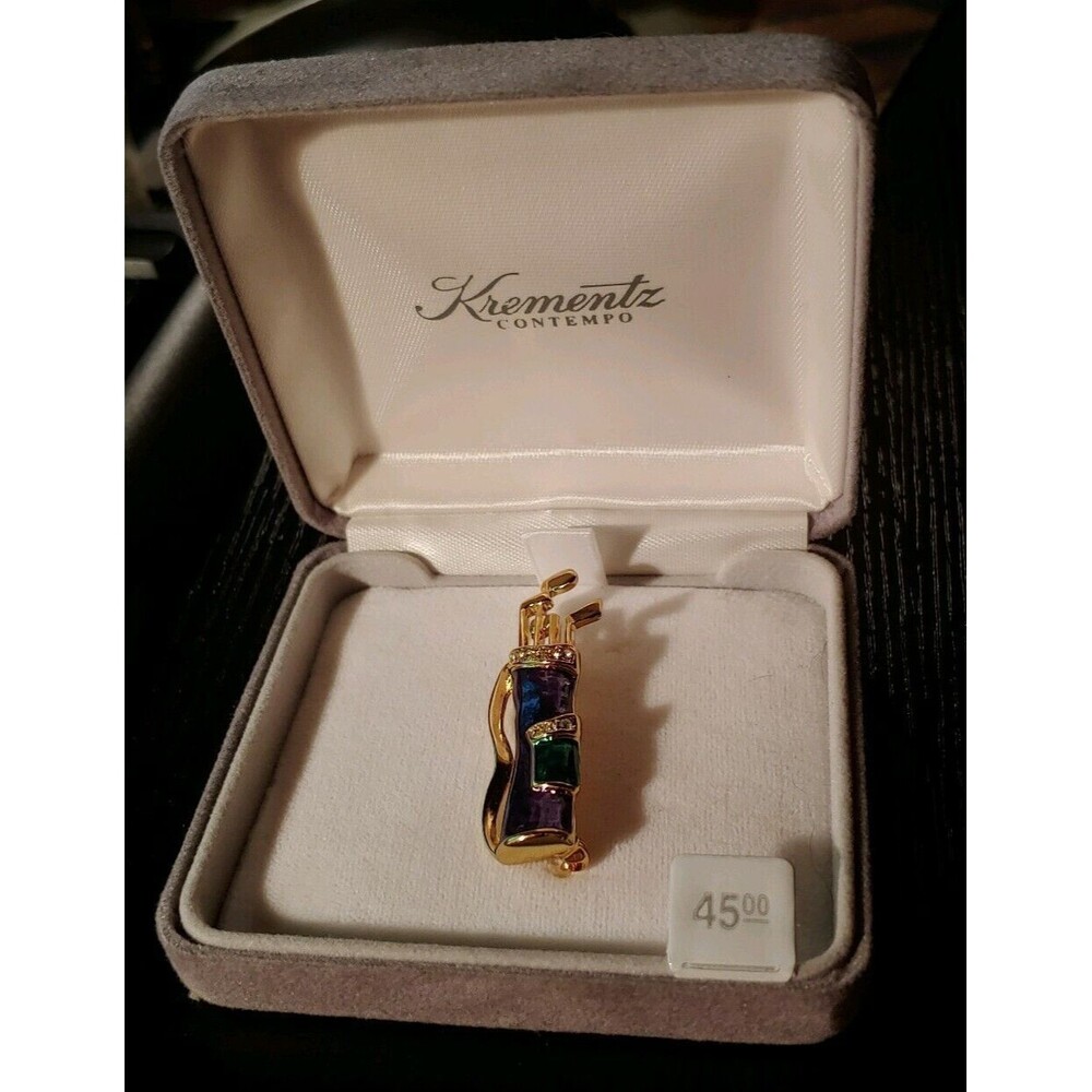 VTG Krementz Gold Toned Golf Clubs Enameled Brooch Pin Jewelry With Box